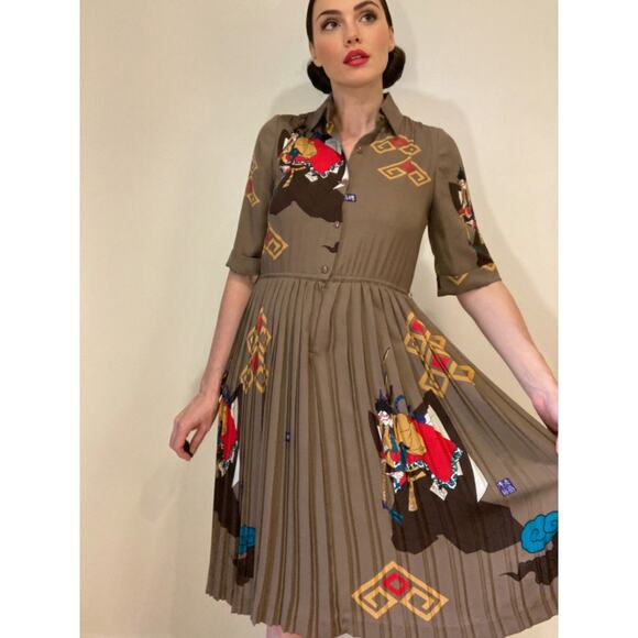 Italiya Dresses & Skirts - Italiya Japanese Label Midi Silk-like Pleated Dress Japanese Blockprint Sz S/M